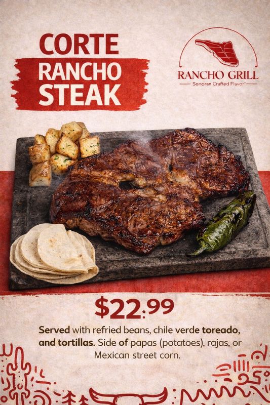 Corte Rancho Steak on volcanic stone slab with flames